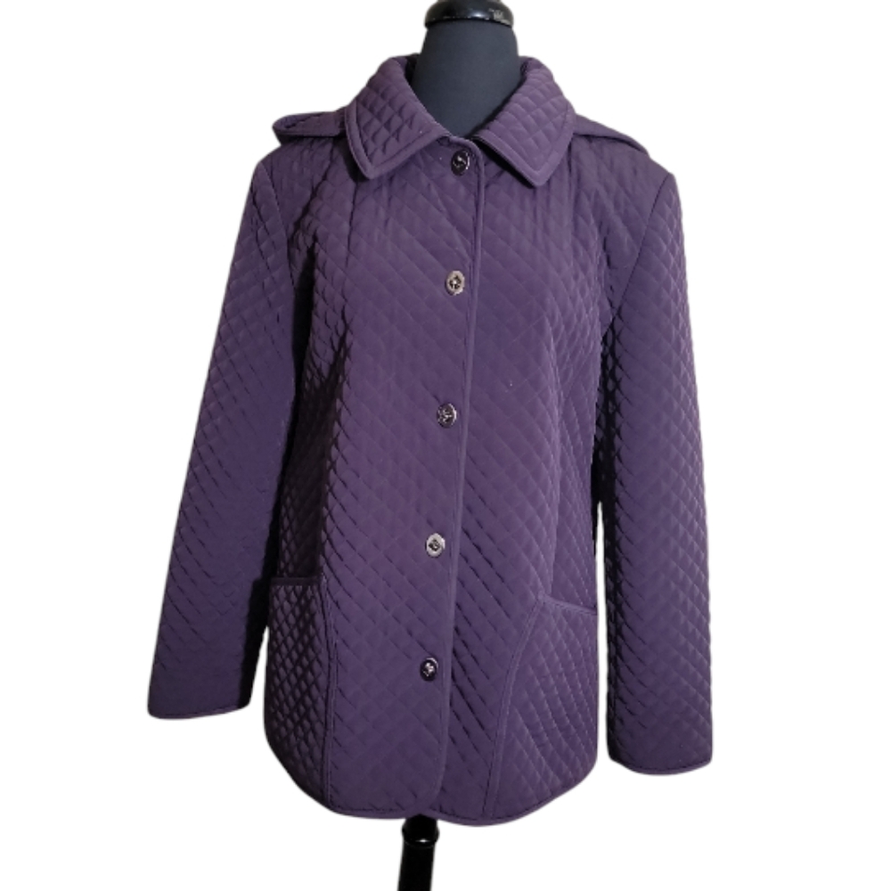 Gallery purple quilted jacket women's large collared button front hooded